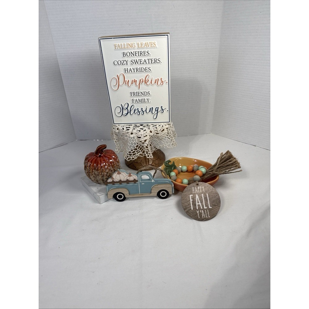 Lot Of 5 Fall Decor, Pumpkin,Truck, Dish, Hanging, Wall Block.